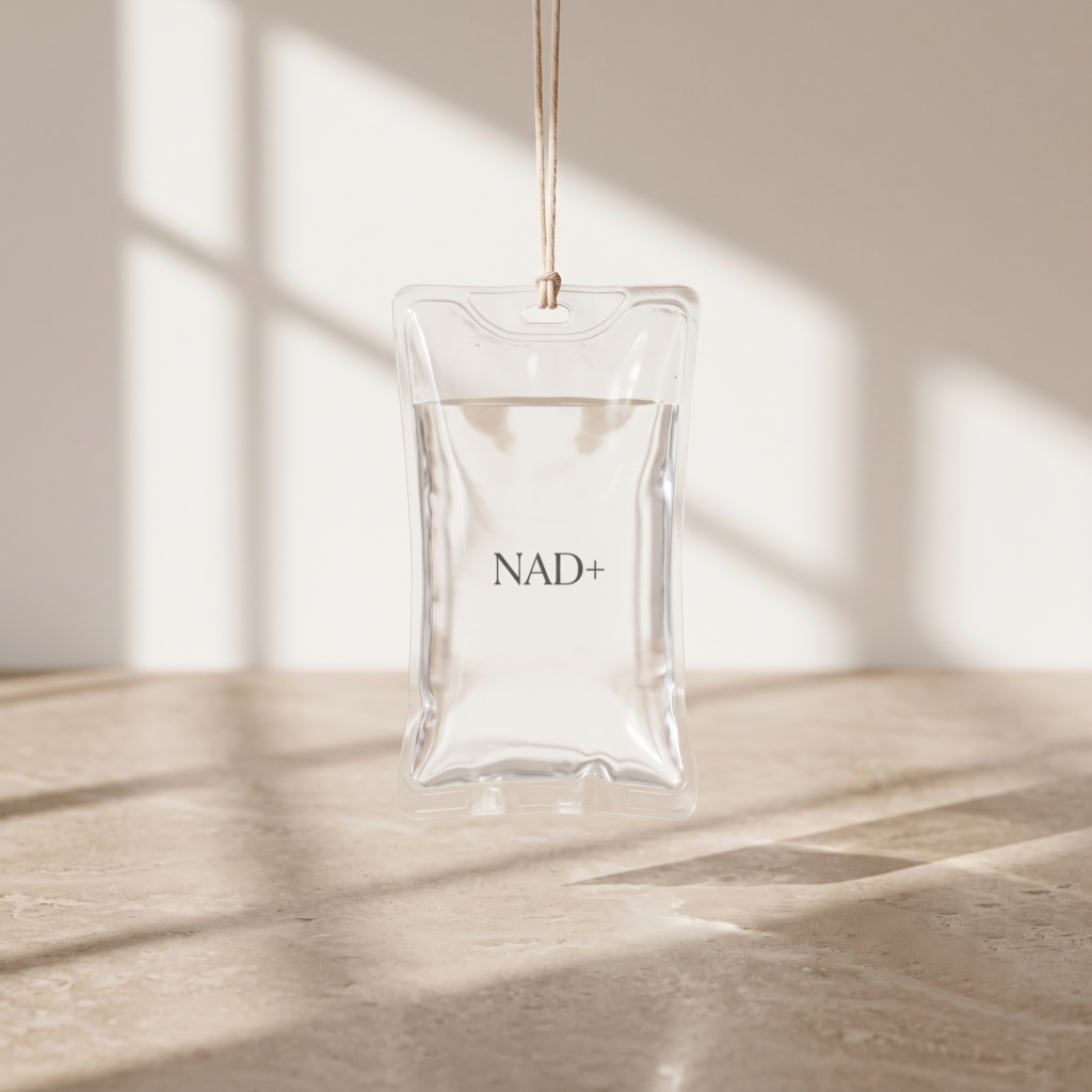 A minimalist glass bottle of cellular NAD+ booster for brain fog relief and longevity
