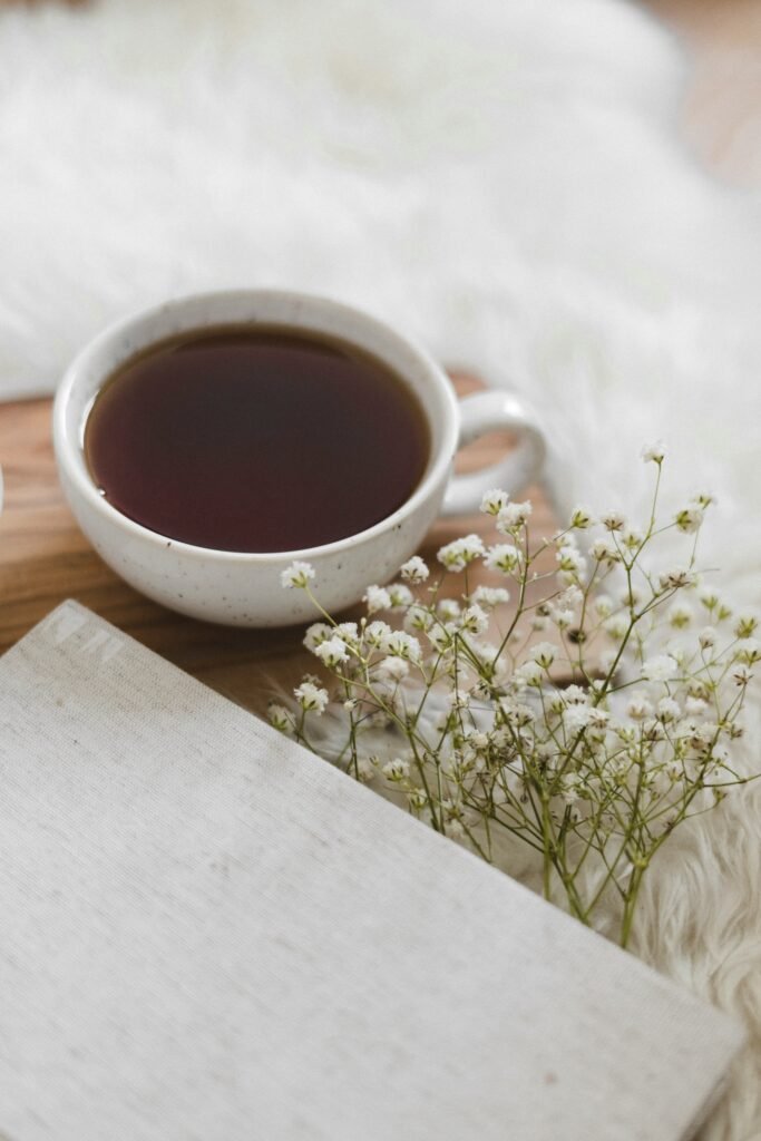 Calming evening chamomile infusion and extra virgin olive oil elixir setup