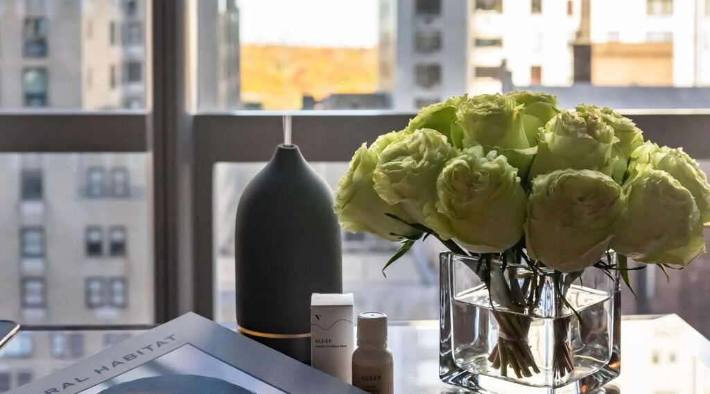 A tranquil morning sound meditation setting with brass singing bowls in a wellness suite